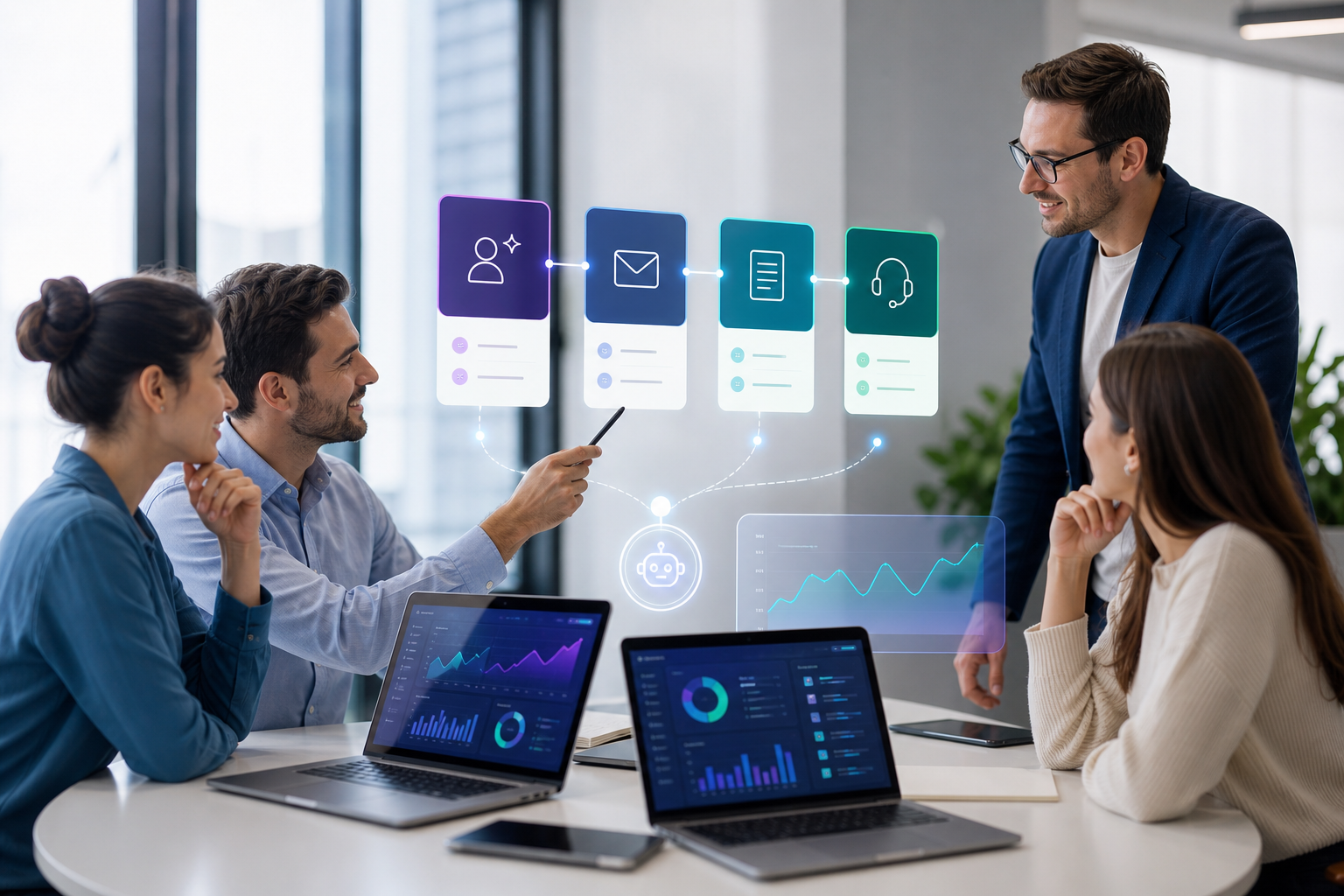 Professional team reviewing an AI automation workflow